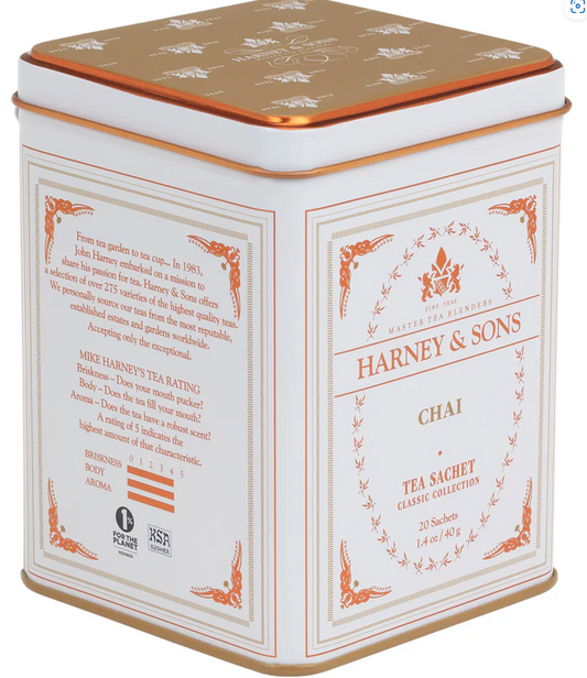 Harney & Sons Chai Tea in a 20-count sachet tin, a high caffeine Indian black tea blend with cardamom, cinnamon, nutmeg, cloves, and vanilla.