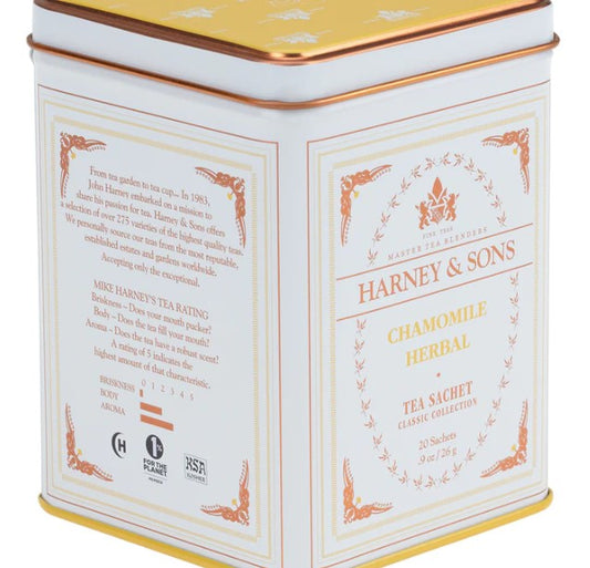 Harney & Sons Chamomile Herbal Tea in a 20-count sachet tin, made from premium Egyptian chamomile flowers for a light, soothing, caffeine-free brew.