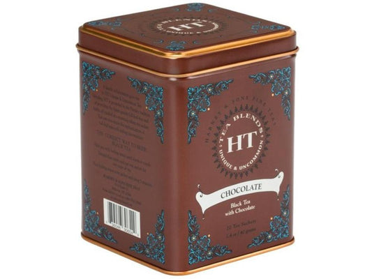Harney & Sons Chocolate Tea in a 20-count sachet tin, a high caffeine China black tea blend with the rich aroma and flavor of chocolate.