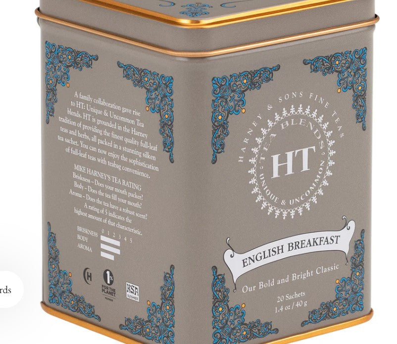 Harney & Sons English Breakfast Tea in a 20-count sachet tin, a smooth and robust blend of full leaf black teas from Ceylon and Kenya.