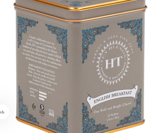Harney & Sons English Breakfast Tea in a 20-count sachet tin, a smooth and robust blend of full leaf black teas from Ceylon and Kenya.