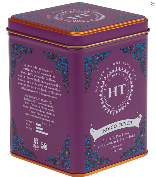 Harney & Sons Indigo Punch Tea in a 20-count sachet tin, a vibrant caffeine-free blend with butterfly pea flower, rose hips, apple, lemon, and raspberry.