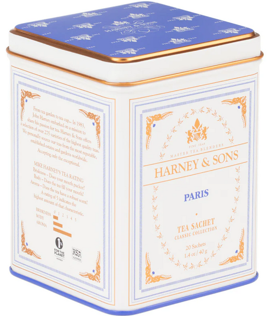 Harney & Sons Paris Tea in a 20-count sachet tin, a high caffeine fruity black tea with vanilla, caramel, and bergamot inspired by Parisian tea shops.