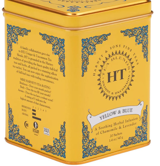 Harney & Sons Yellow & Blue Herbal Tea in a 20-count sachet tin, a caffeine-free blend of chamomile, lavender, and cornflowers for a calming floral brew.