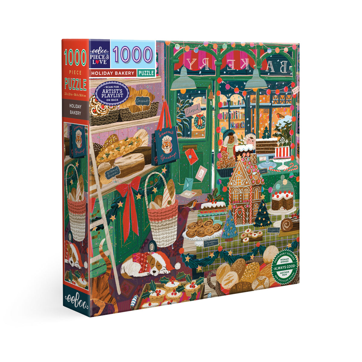 Holiday Bakery 1000-piece Christmas puzzle by Victoria Ball featuring a cozy English village bakery filled with breads, cakes, gingerbread, holiday lights, and festive decorations.