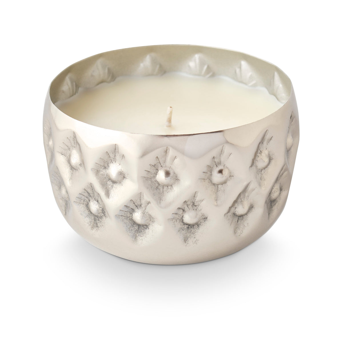 Illume Balsam & Cedar plant-based wax candle in decorative textured metal vessel.