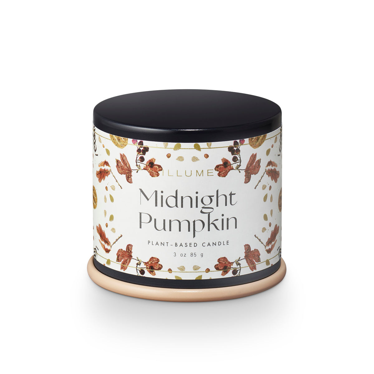 Fill your home with the cozy fragrance of fall with the ILLUME Midnight Pumpkin plant-based candle. Housed in a beautiful decorative vanity tin for autumn decorating and gifting.