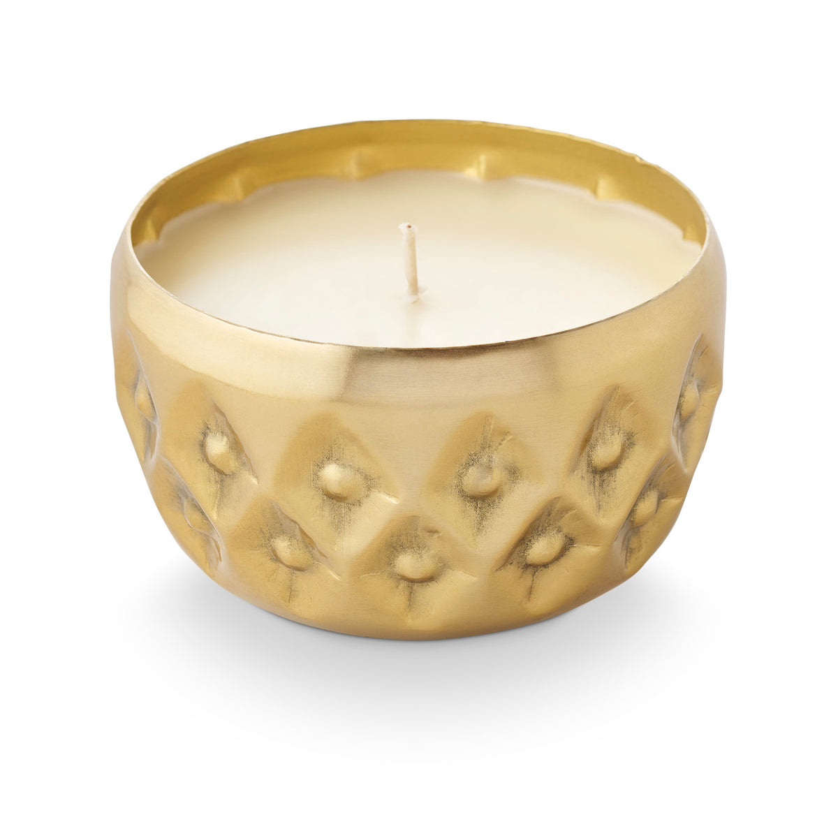 Illume Winter White plant-based wax candle in a small metallic pressed-pattern vessel.