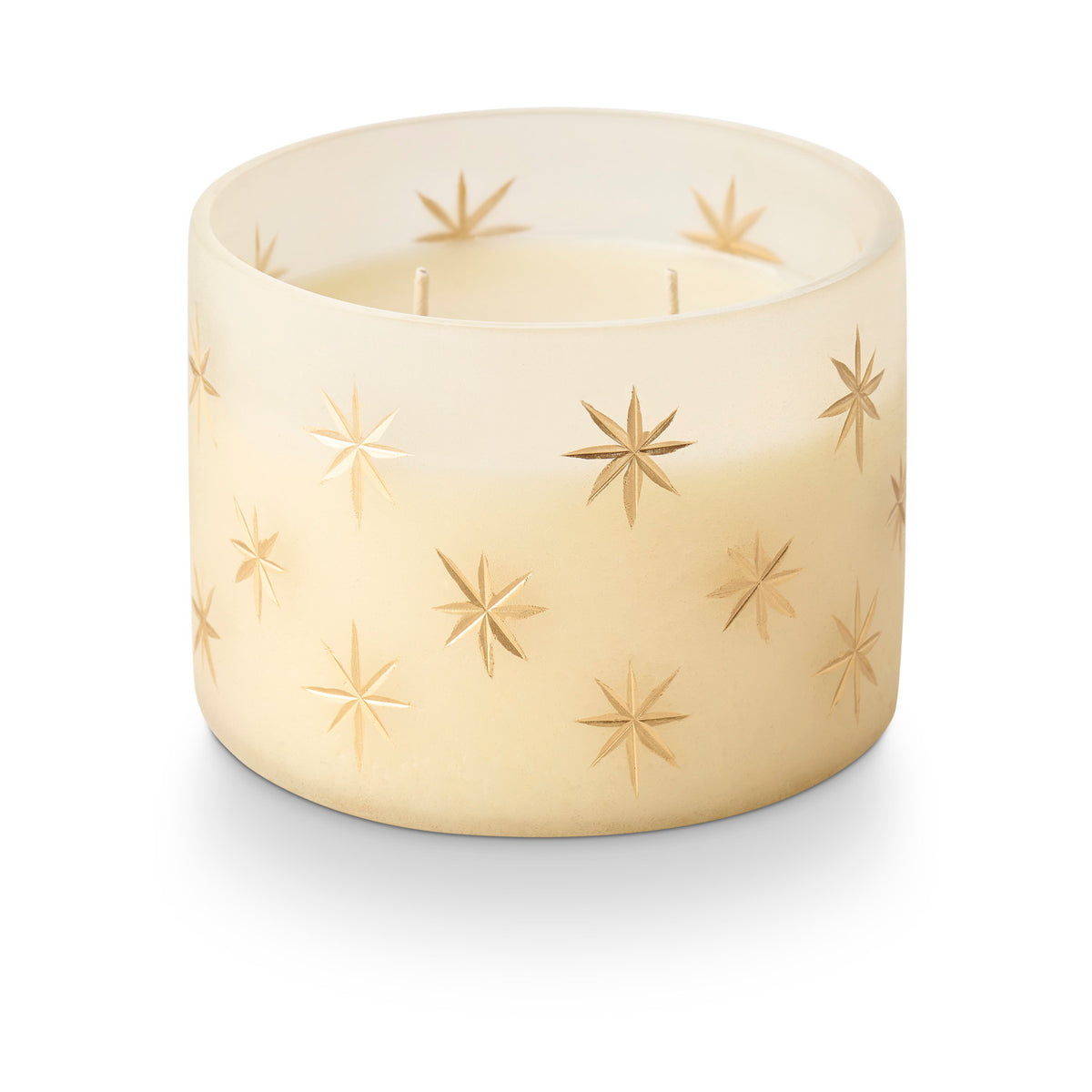 Illume Winter White candle in pale frosted glass with gold stars and two wicks.