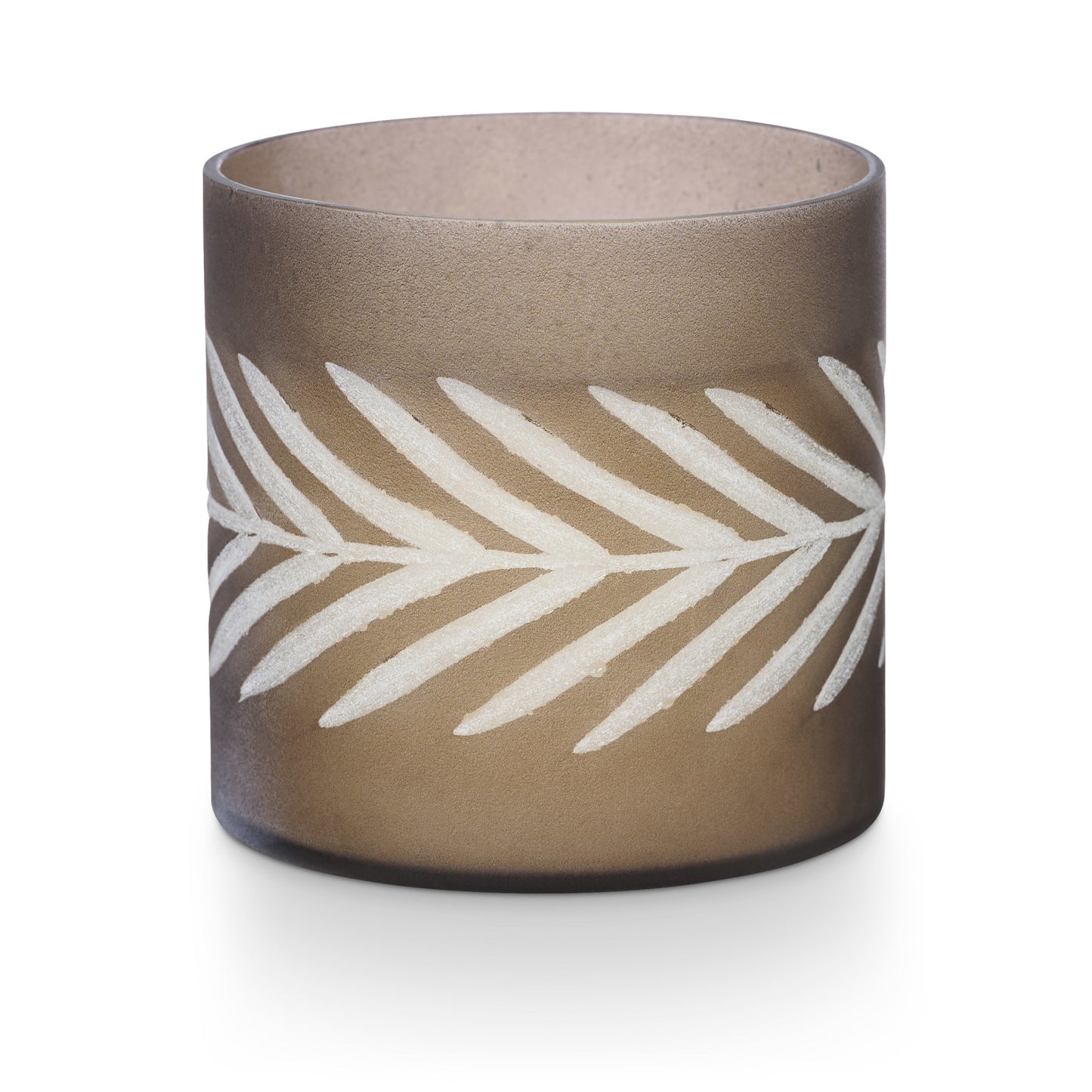 Illume Gather Woodfire Glass Candle in frosted mercury glass with leaf design, featuring fragrance notes of smoky cedar, suede, and amber.