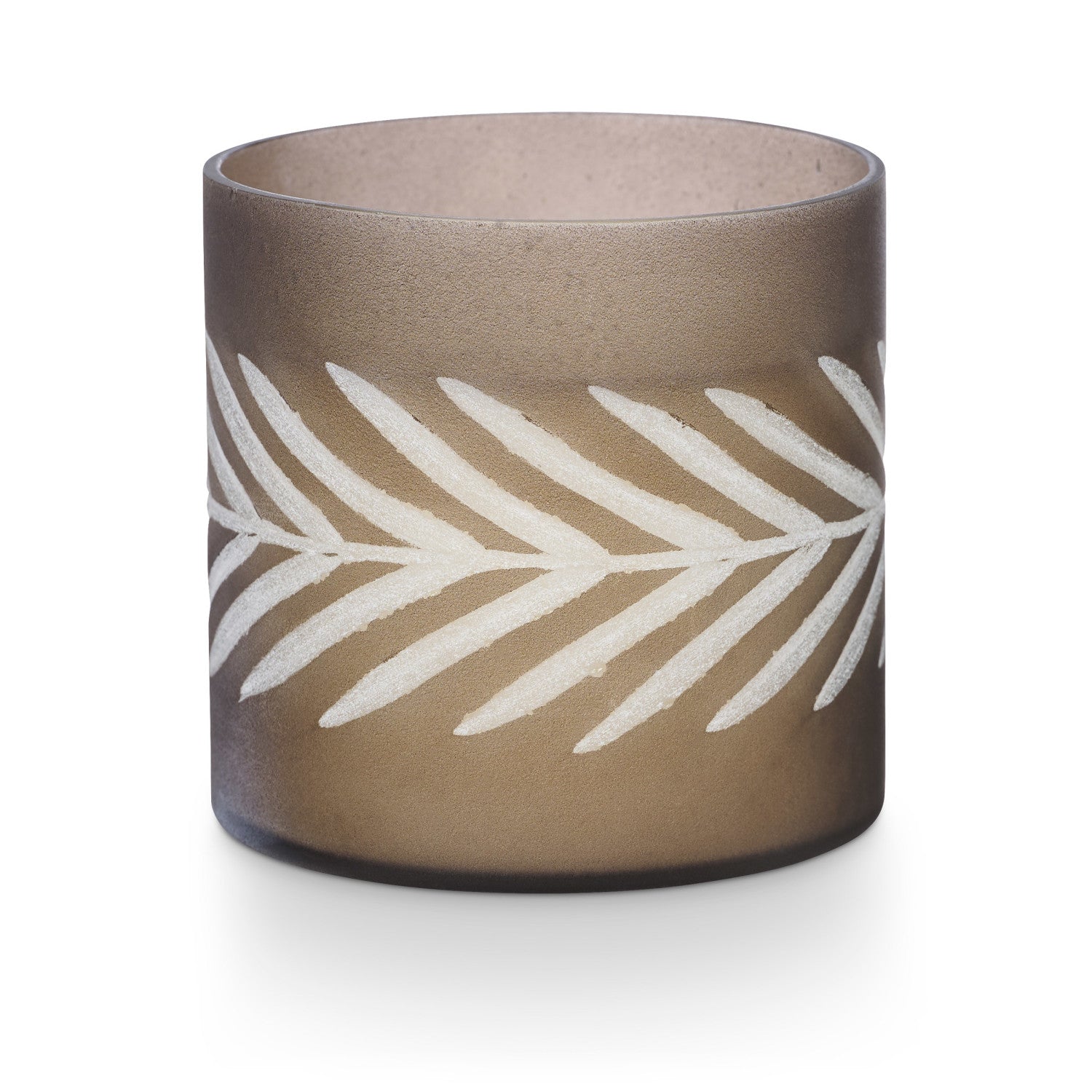 Illume Gather Woodfire Glass Candle in frosted mercury glass with leaf design, featuring fragrance notes of smoky cedar, suede, and amber.