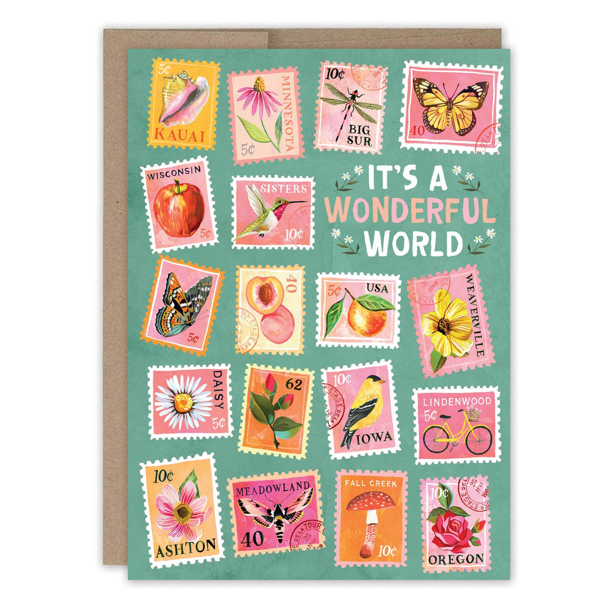 Card with postage stamp designs featuring various elements and text on a green background.