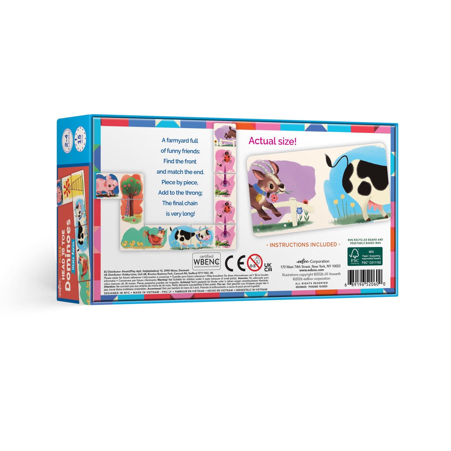 Little Farm Head-to-Toe Dominoes preschool game featuring colorful cow, chicken, pig, duck, and windmill illustrations for ages 3 and up.