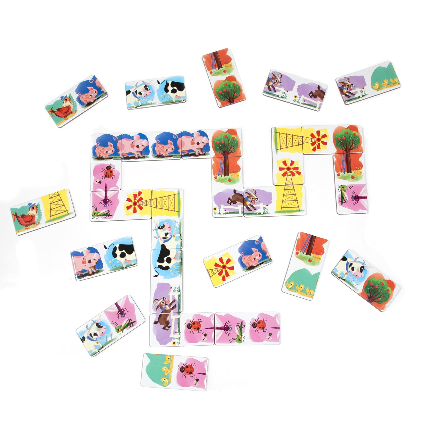 Oversized Little Farm domino tiles with colorful farm animals and barnyard scenes designed for preschool matching and concentration play.