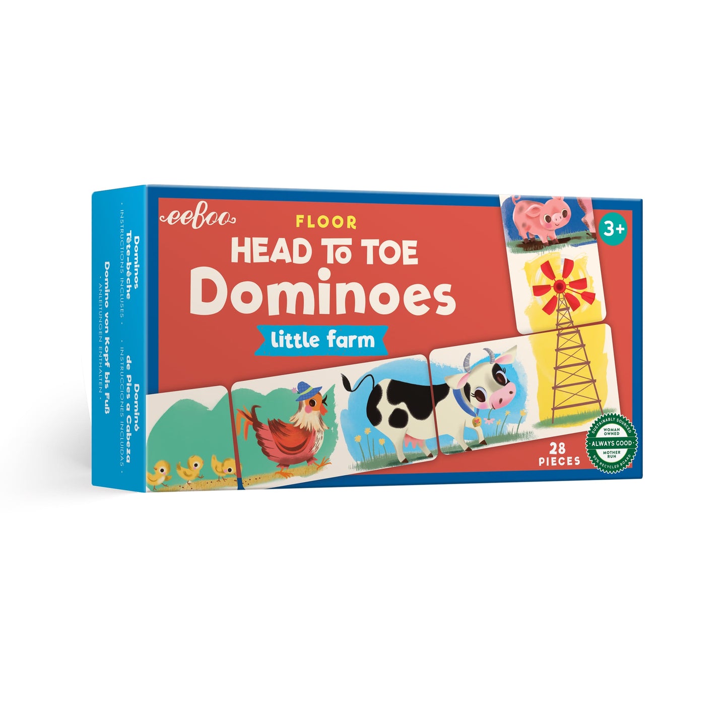 Little Farm Head-to-Toe Dominoes game for kids ages 3 and up with 28 oversized illustrated farm animal matching pieces by Jill Howarth.