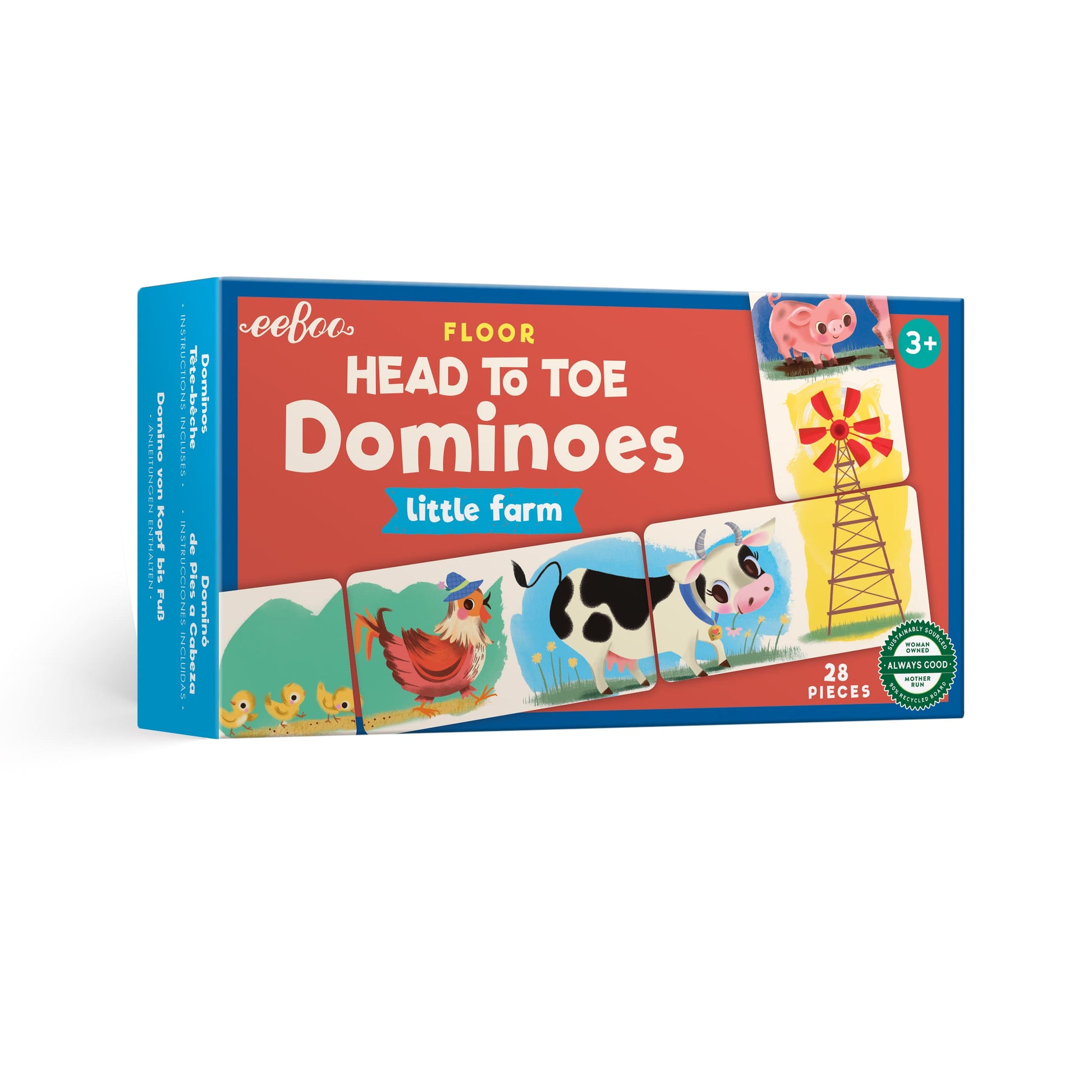 Little Farm Head-to-Toe Dominoes game for kids ages 3 and up with 28 oversized illustrated farm animal matching pieces by Jill Howarth.