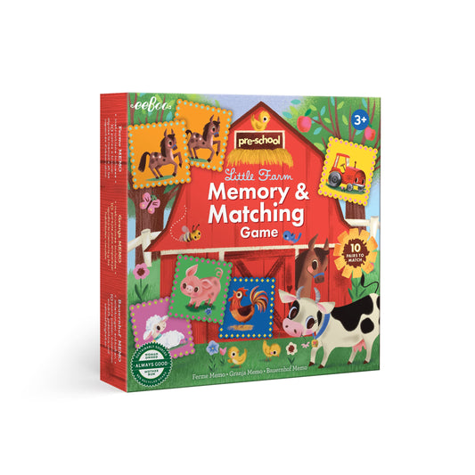 Little Farm Memory and Matching Game for preschoolers ages 3 and up featuring colorful farm animals and tractor matching tiles illustrated by Jill Howarth.