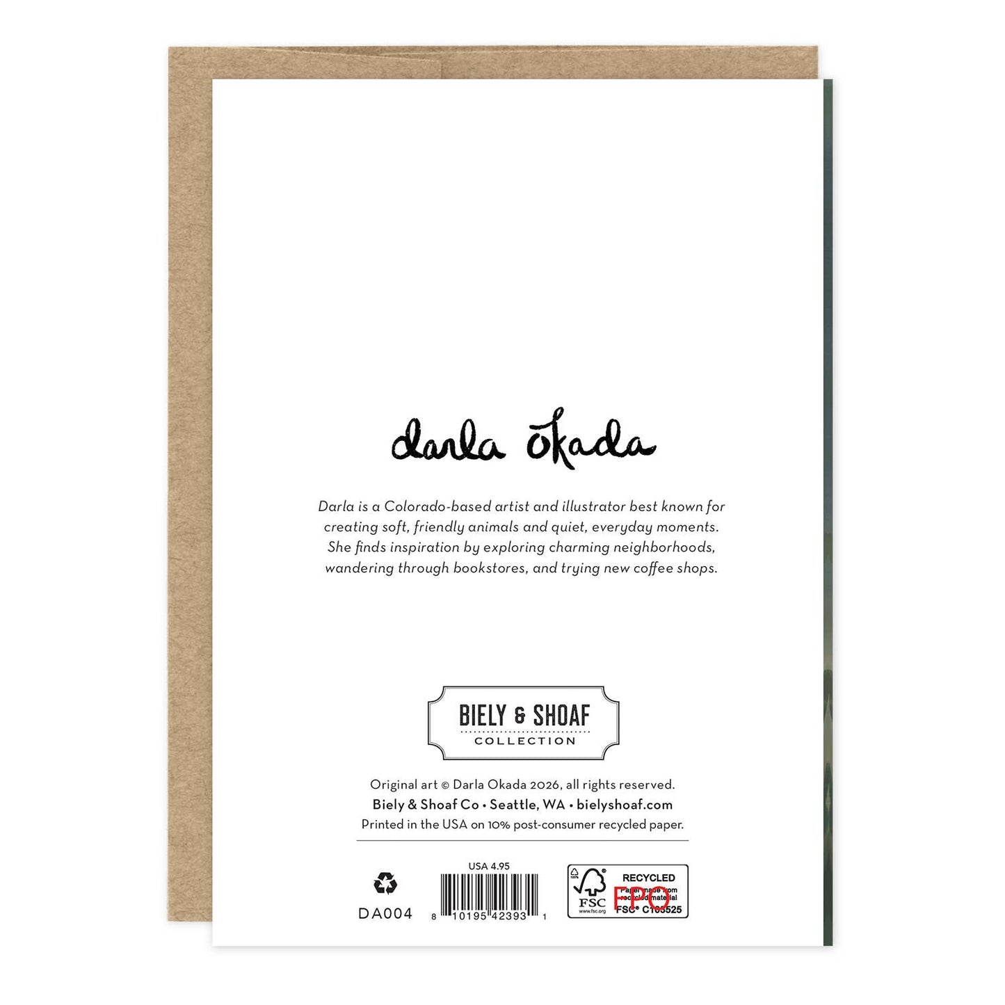 Back of a Biely & Shoaf Collection card or art print package, showing a kraft brown envelope behind a white card with black text and a barcode, on a white background.