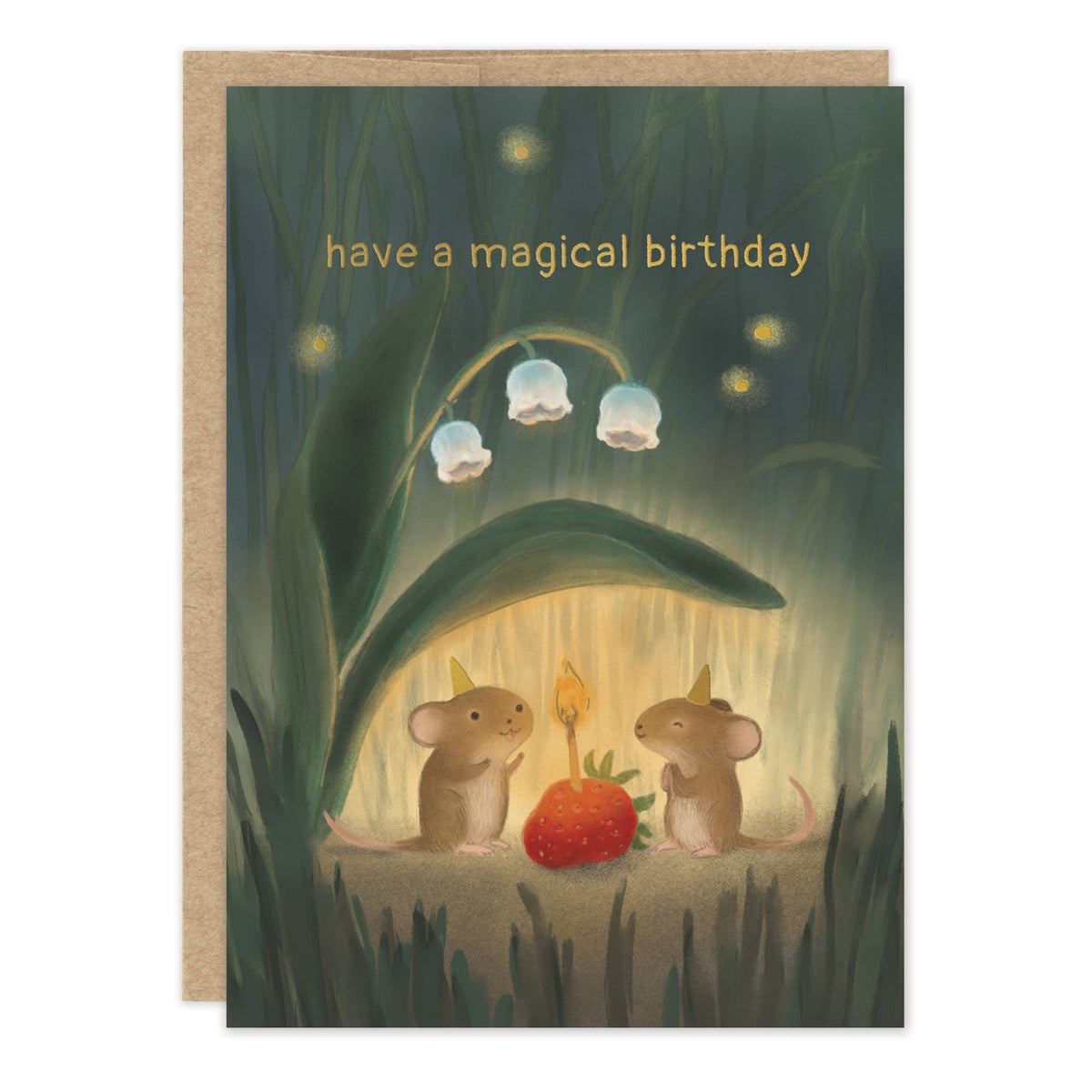 Little Mice Birthday Party Card illustrated by Darla Okada featuring whimsical mice celebrating a tiny birthday party with foil details.