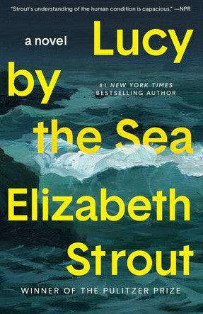 Book cover of 'Lucy by the Sea' by Elizabeth Strout with a blue ocean and white waves.