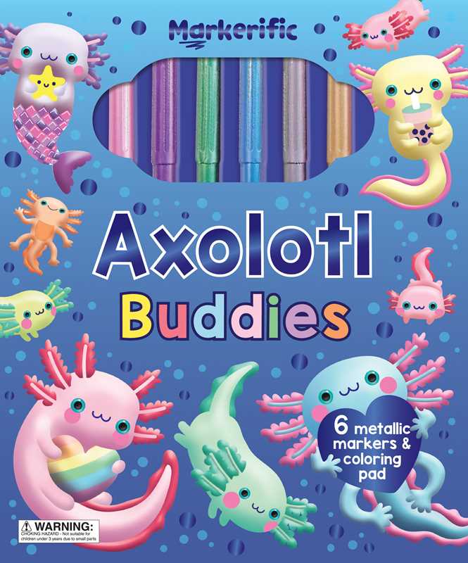 Axolotl Buddies coloring book with markers on a blue background