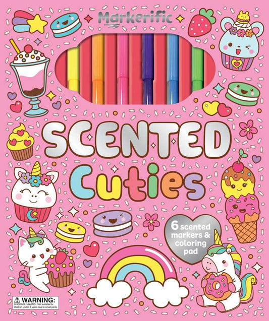 Markerific! Scented Cuties Art Activity Kit with 6 scented markers and 24 removable coloring pages in a travel-friendly hardcover folder for kids.