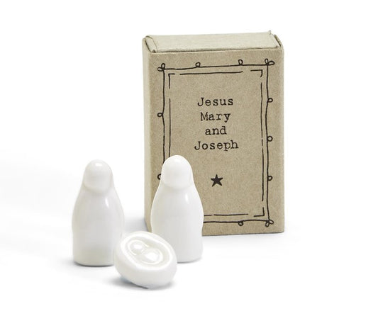 Matchbox Ceramic Nativity featuring a miniature ceramic Nativity scene inside a keepsake box, perfect for Christmas gifting and holiday décor.