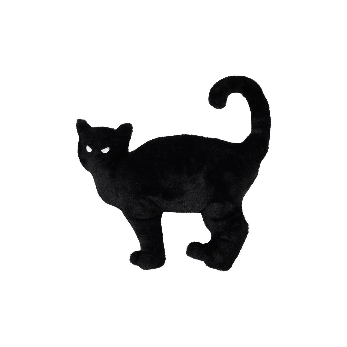 Black velvet cat accent pillow with a sculpted silhouette and embroidered white eyes, perfect for cottage, dark academia, Halloween, and cat lover home décor.
