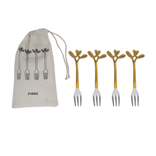 Set of four brass and stainless steel mistletoe appetizer forks with printed drawstring bag