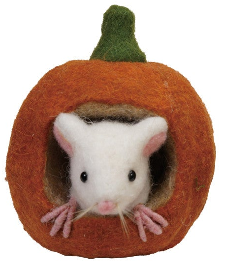 A felt pumpkin-shaped pet house in orange with a green stem, featuring a white felt mouse peeking out from the front on a white background.