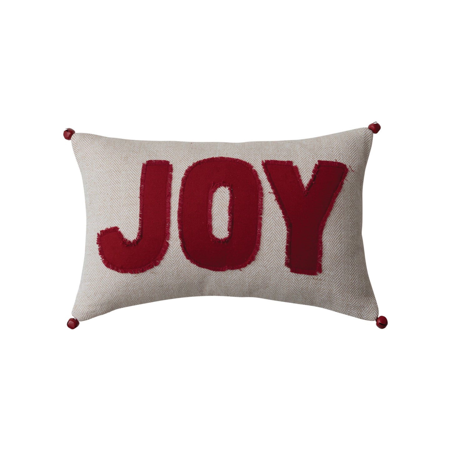 Woven Cotton Lumbar Pillow w/ Appliqued "Joy" & Jingle Bells, 16"L x 10"H