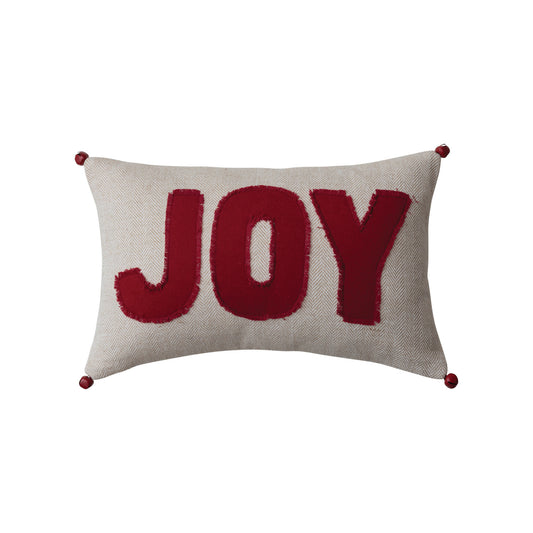 Woven Cotton Lumbar Pillow w/ Appliqued "Joy" & Jingle Bells, 16"L x 10"H