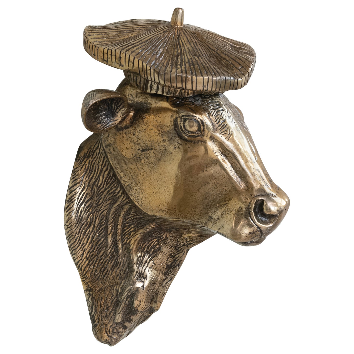 Cast Aluminum Cow Head with Beret Wall Décor, Antique Gold Finish
