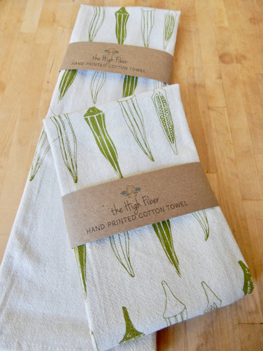 Okra Tea Towel, Handprinted Hand Towel, Okra