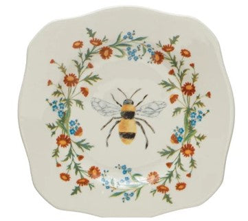 Stoneware Scalloped Plate w/ Insect/Bird & Flowers