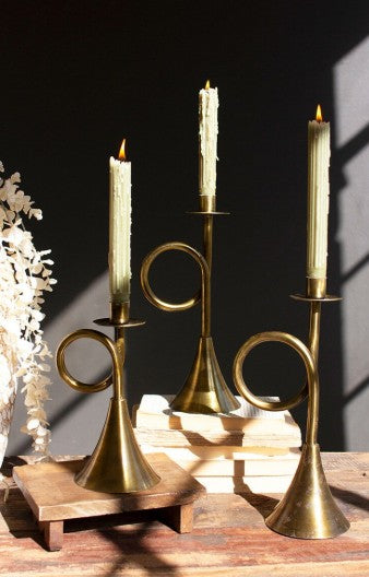 Antique Brass Trumpet Taper Candle Holder