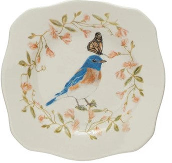 Stoneware Scalloped Plate w/ Insect/Bird & Flowers