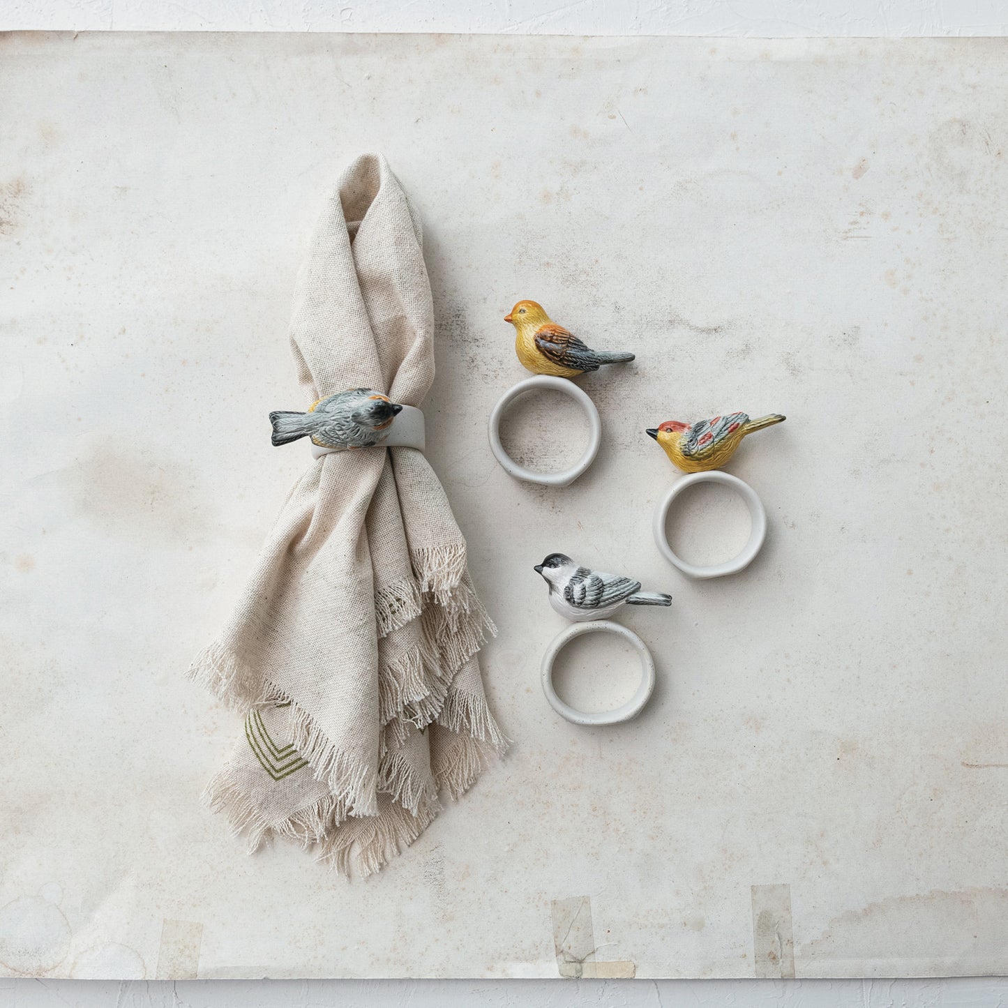 Stoneware Napkin Ring w/ Perched Bird, Asst.