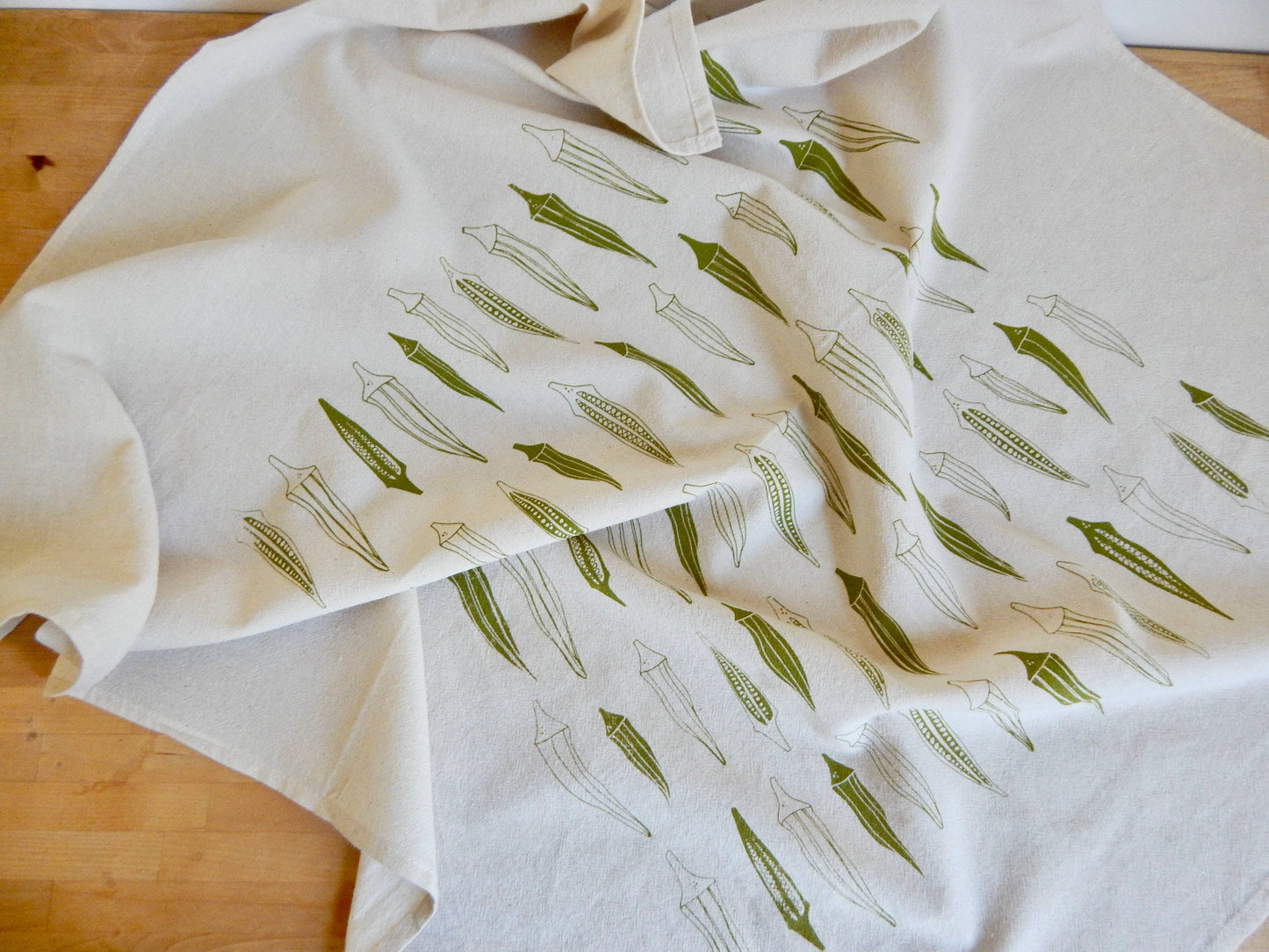 Okra Tea Towel, Handprinted Hand Towel, Okra