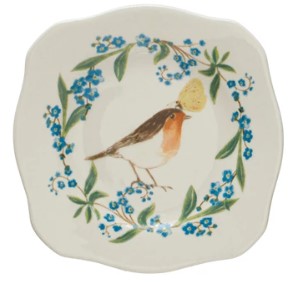 Stoneware Scalloped Plate w/ Insect/Bird & Flowers