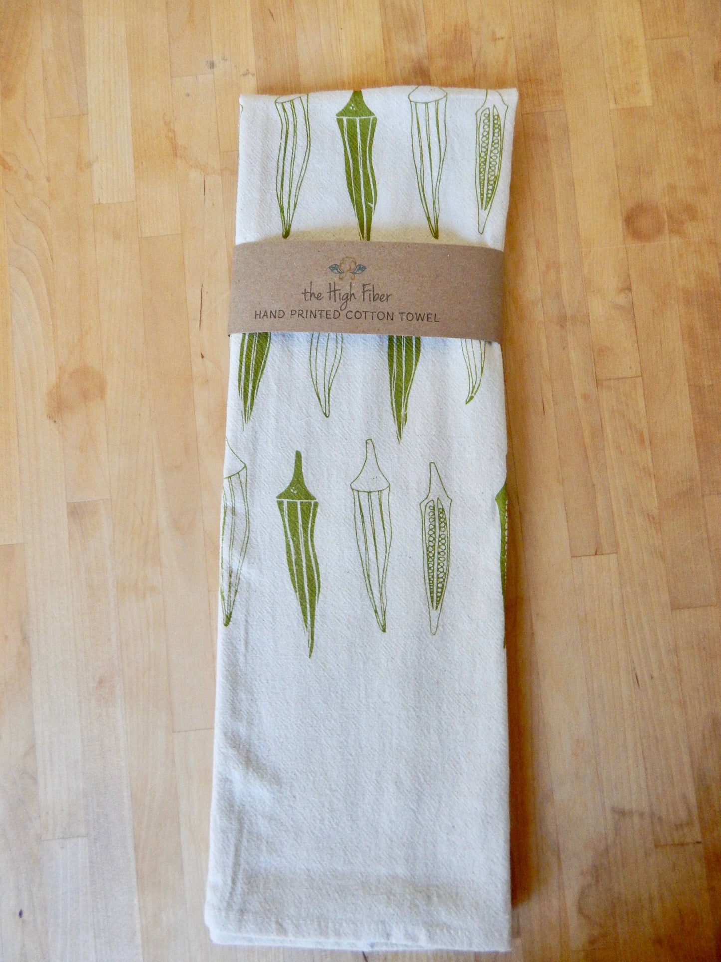 Okra Tea Towel, Handprinted Hand Towel, Okra
