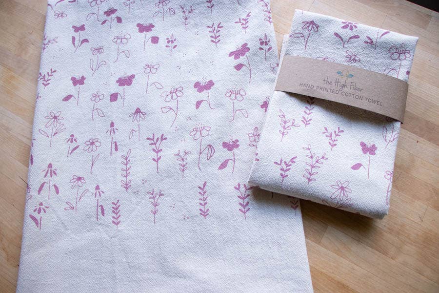 Flower Meadow Towel, Handprinted Cotton Kitchen Towel