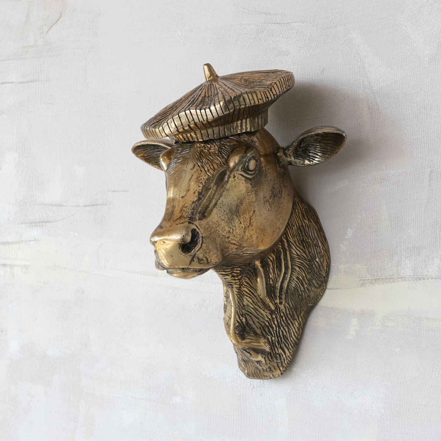 Cast Aluminum Cow Head with Beret Wall Décor, Antique Gold Finish