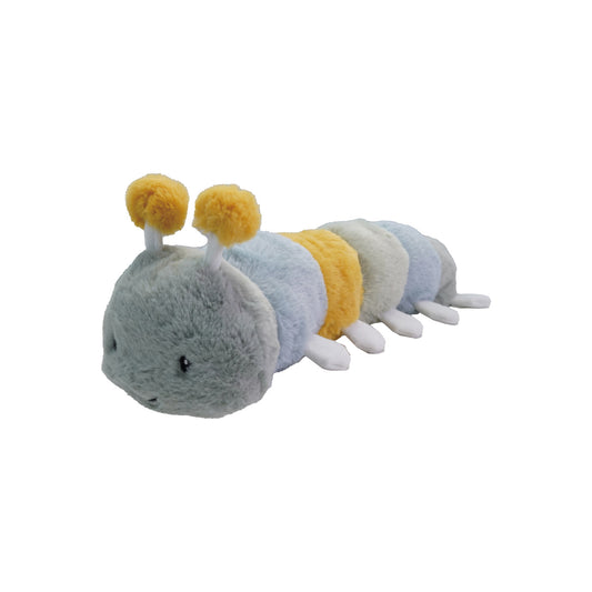Plush caterpillar toy in pastel blues, aquas, greens, and mustard yellow, 19 inches long, soft and cuddly.