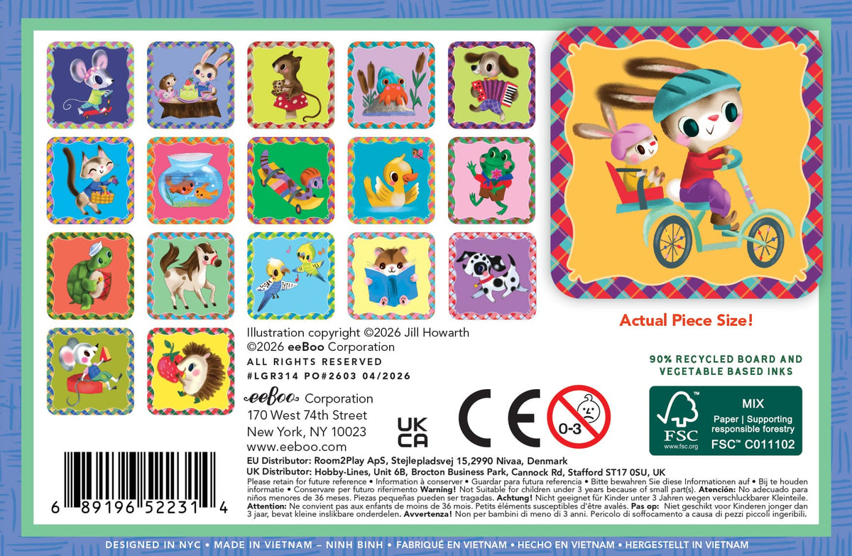 Pet matching game with illustrated tiles featuring pairs of bunnies, kittens and other animals for preschool memory play.