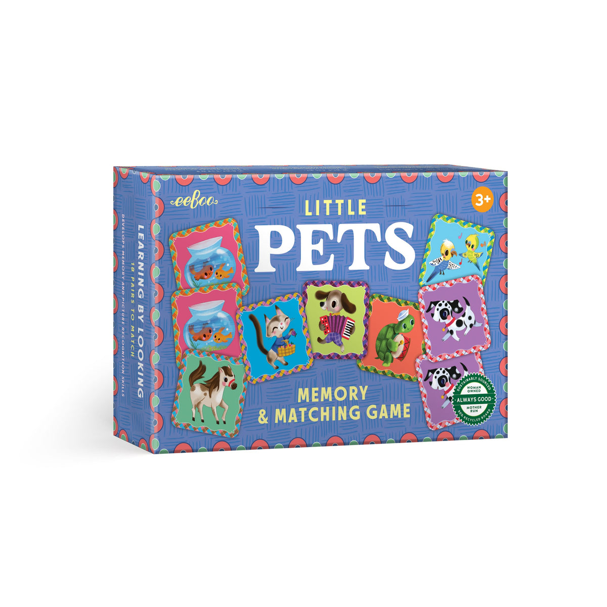 Pets Memory and Matching Game for kids ages 3 and up featuring illustrated bunnies, kittens and other pets by Jill Howarth Bleck.