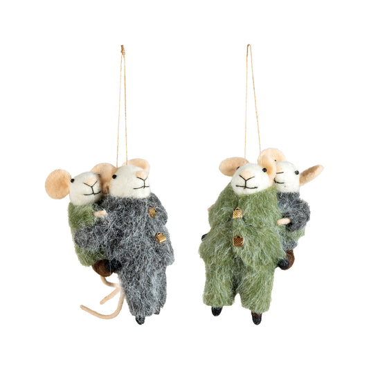 Two piggyback mice ornaments in fuzzy green and charcoal gray winter clothes.