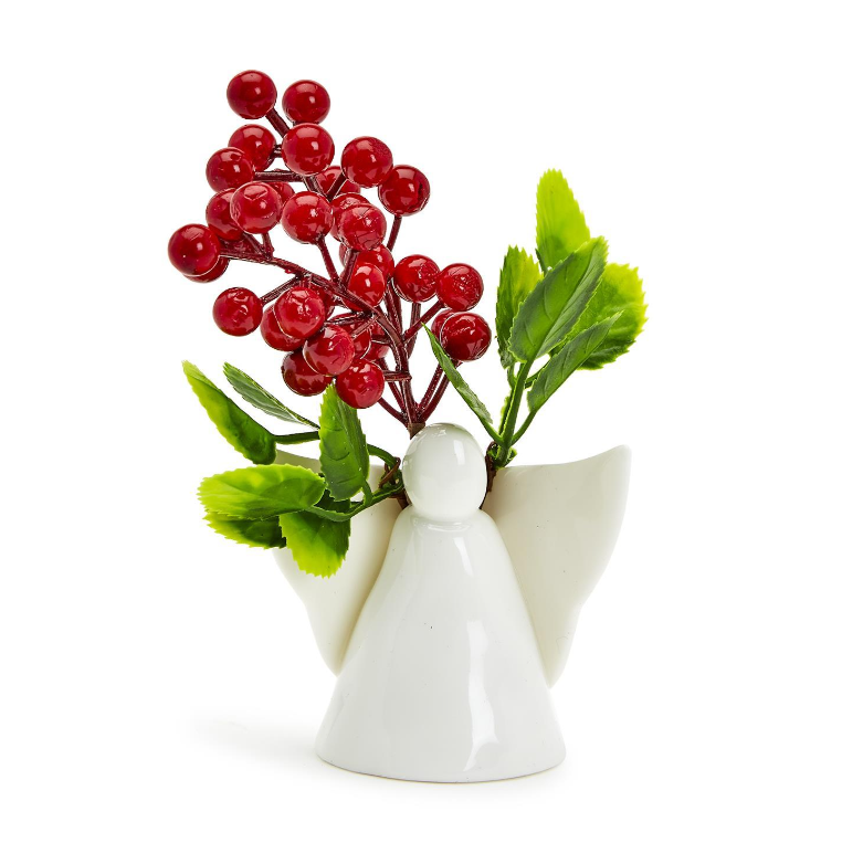 Porcelain Angel vase holder with red berries and green leave picks
