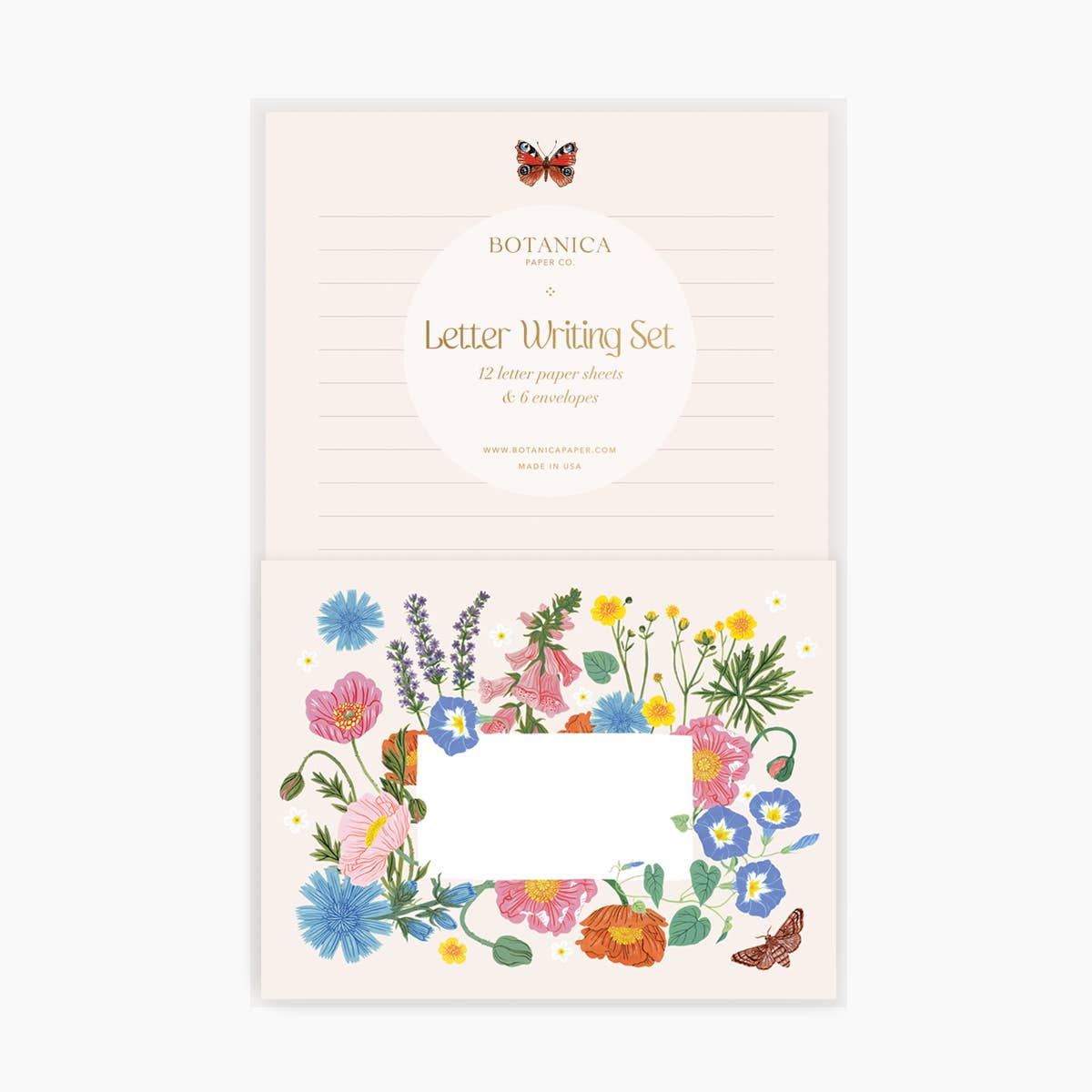 Letter writing set with floral designs on a white background
