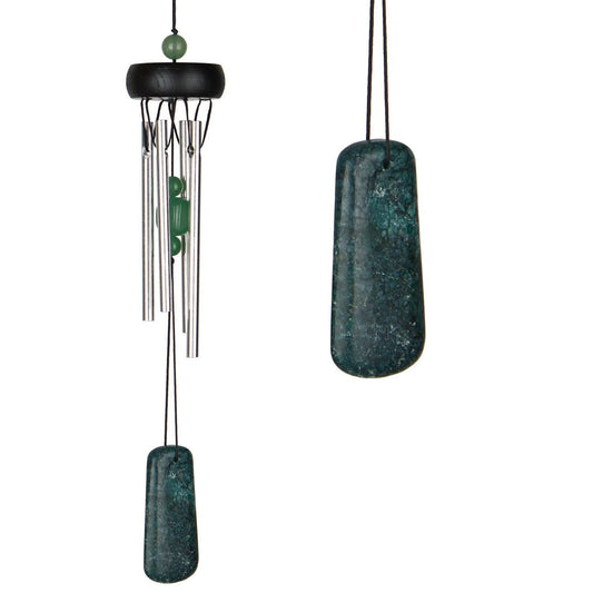 Small Woodstock wind chime with genuine jade stone accents, silver chime tubes, and hanging jade decoration.